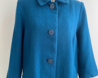 Vintage 60s 70s Turquoise Blue Wool Coat Size S M, Collared