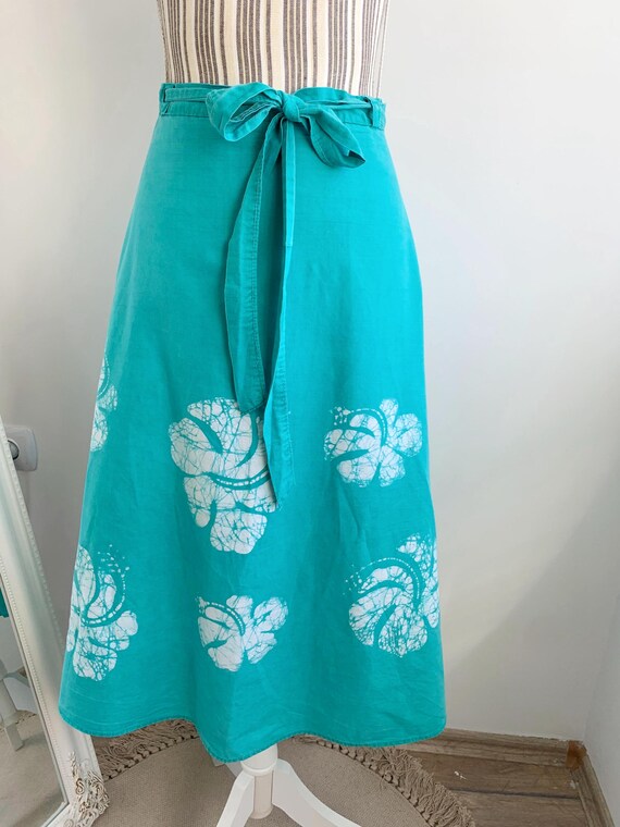 Vintage Summer Cotton Midi Skirt for Women One Size, 90s Y2K A Line Tie Up Wrap Skirt, Teal Blue  Bleached Floral Tie Dye Mid Calf Skirt