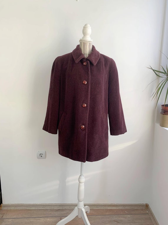 Vintage 90s Eggplant Wool Coat Size L XL, Collared Woollen Cashmere Coat, Lined Warm Winter Midi Coat, Loose Relaxed Retro Angora Overcoat