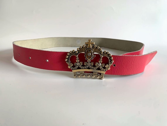 Salmon Pink Leather Waist Belt for Women, Vintage Waist Cincher with Gold Tone Crown Buckle, Rhinestone Dress Belt, Real Leather Accent Belt