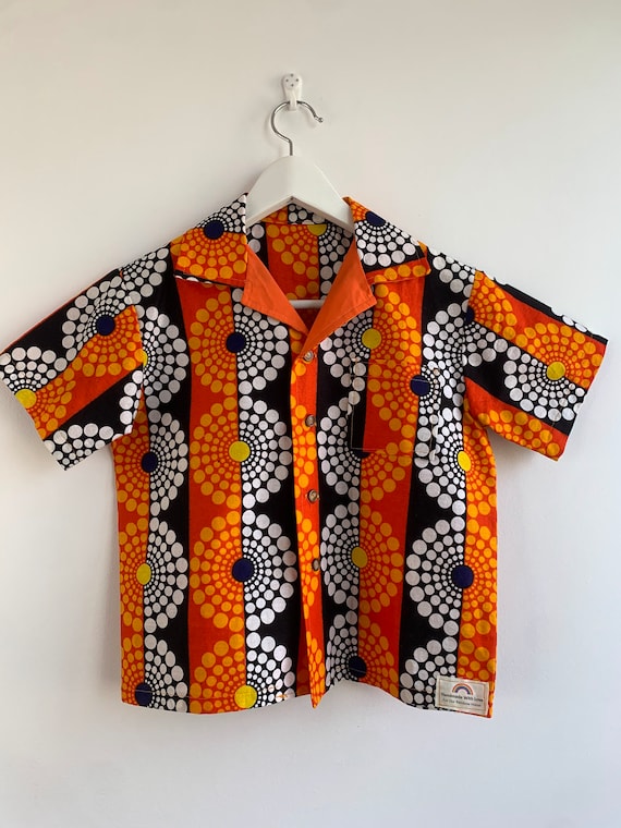 Pure Cotton Button Up Crop Top for Women Size XXS, Extra Small Retro Short Sleeve Collared Shirt, Orange Striped Circle Boho Hippie Blouse