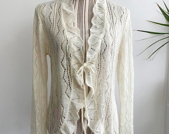 Vintage Off White Knitted Cardigan M L, Cream Sheer Openwork Cardigan, Lace Fishnet Bolero, Long Sleeve Mesh Knitted Sweater, Gift for Her