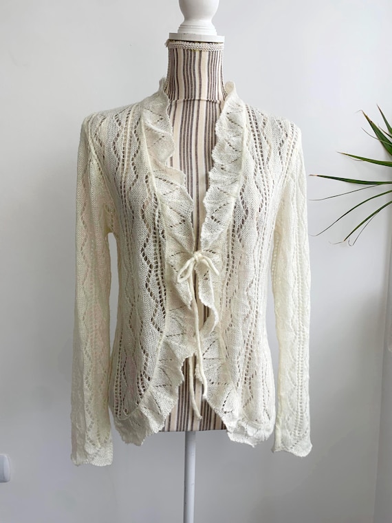 Vintage Off White Knitted Cardigan M L, Cream Sheer Openwork Cardigan, Lace Fishnet Bolero, Long Sleeve Mesh Knitted Sweater, Gift for Her