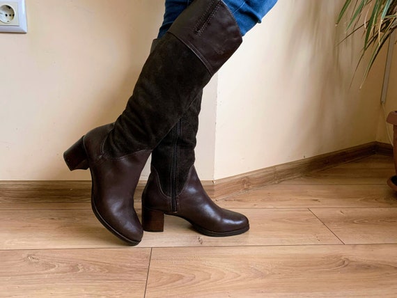 Vintage Brown Leather Boots for Women, Block Chunky Heel Boots, Knee High Boots, Suede Leather High Heel Boots, Tall Zipper Boots Size 38
