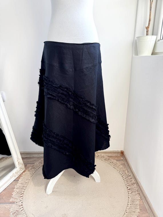Scarlett by Katrin Uri Black Linen Midi Skirt, Vintage Y2K Skirt for Women, A Line Asymmetric Skirt, Ruffled Diagonal Detail Boho Skirt L