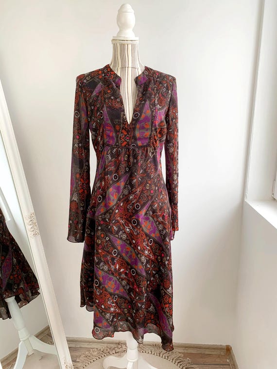 Vintage MEXX Brown Paisley Floral Asymmetrical Midi Dress Size S Women Long Sleeve V Neck Sheer Tulle Y2K Boho Grunge Romantic Summer Dress
