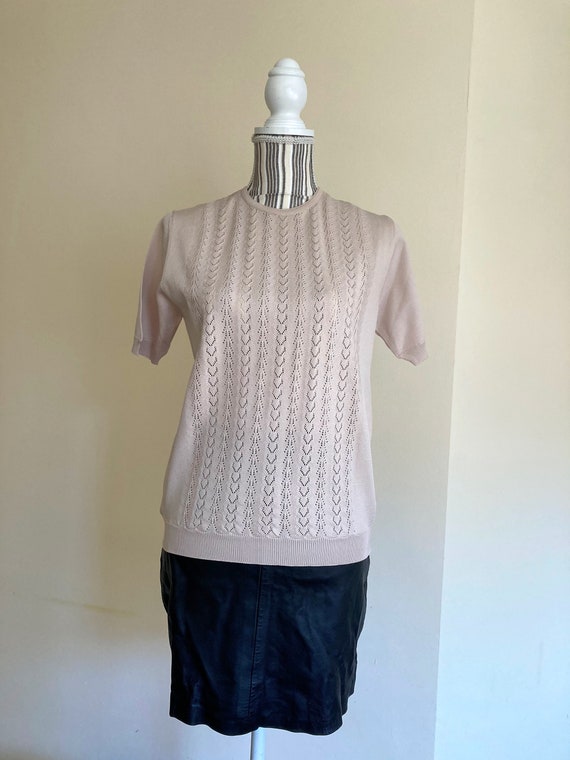 Vintage 90s Short Sleeve Sweater For Women, Cream Beige Knitted Tee,  Loose Fit Sweater Top, Button Back Lace Pullover, Fine Knit Blouse