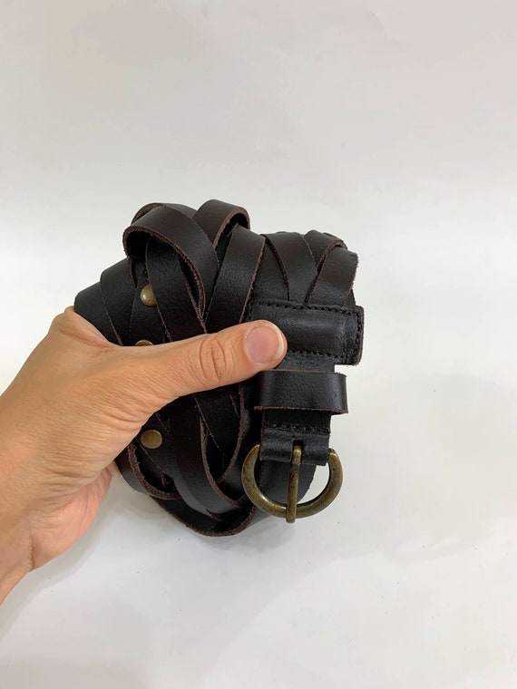 Vintage Brown Leather Braided Belt for Women, Slim Brass Buckle Riveted Wide Waist Belt, Studded Woven Boho Western Belt 35 - 37"/ 91- 95 cm