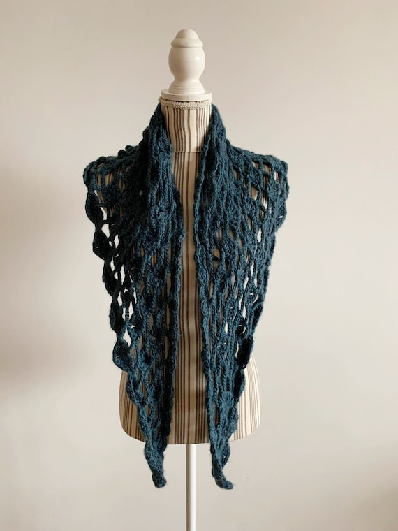 Vintage Turquoise Jumbo Crochet Shawl, Teal Fishnet Lace Triangle Shawl, Chunky Fluffy Winter  Scarf, Mesh Shawl Wrap, Sheer Bohemian Shawl
