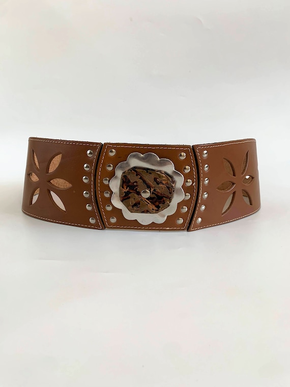 Brown Leather Wide Waist Belt for Women, Studded Cut Out Leather Belt, Boho Hippie Floral Corset Belt with Studs, 32 - 35" / 83 - 89 cm