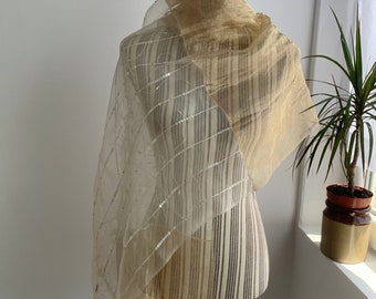 Sheer Ivory Gold Beaded Shawl, Art Deco Seed Bead Sequin Embellished Fringed Scarf, Beadwork Embroidery Flapper Wrap, Mesh Silk Cover Up