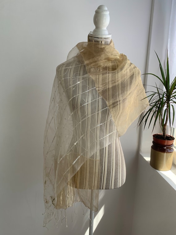 Sheer Ivory Gold Beaded Shawl, Art Deco Seed Bead Sequin Embellished Fringed Scarf, Beadwork Embroidery Flapper Wrap, Mesh Silk Cover Up