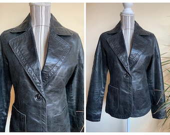 Vintage 90s Black Leather Blazer for Women, Bohemian Distressed Leather Single Button Blazer, Slim Fit Real Leather Blazer Jacket Size S M