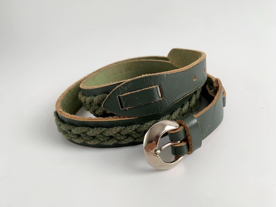 Vintage Dark Green Leather Belt, Braided Knit Khaki Belt, Boho Forest Green Skinny Waist Belt, Silver D Ring Buckle 82-86 cm / 32 - 34"