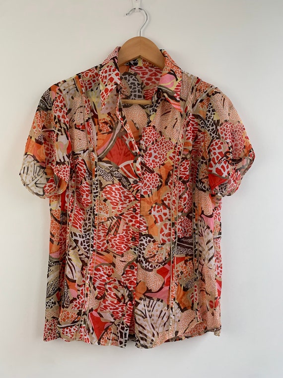 Vintage Sheer Button-up Shirt for Women Size M L, Grunge Mesh Collared Shirt, Short Sleeve Blouse, Red Orange Tulle See Through V Neck Shirt