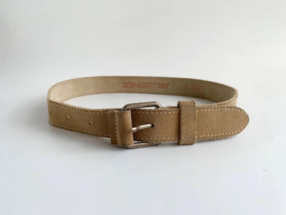 Vintage Beige Suede Leather Belt for Women XS 65 cm 25", Tan Genuine Leather Waist Belt, Silver Tone Buckle, 90s Boho Minimalist Aesthetic
