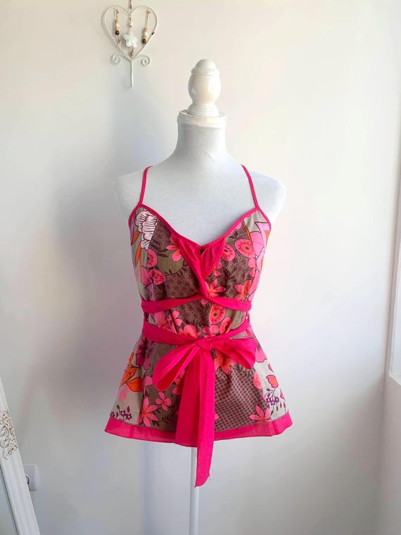 Vintage Sisley Pink Floral Tie-Front Halter Top Size L, Bohemian Hippie Open Back Cami, Retro Summer Tank Top, Y2K Cottagecore Festival Top