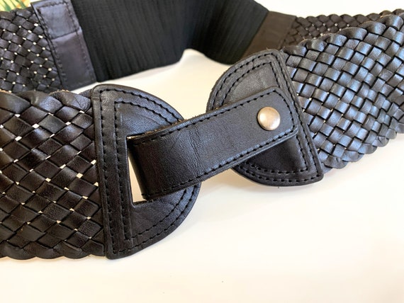 Vintage 90s Elastic Black Cinch Belt, Woven Leath… - image 8