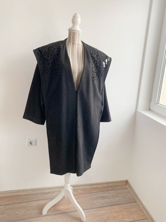 Vintage Grey Wool & Cashmere Coat Cutout Shawl Collar Zabaione Hidden Button Open Front  Kimono Jacket Minimalist Dark Academia Overcoat L