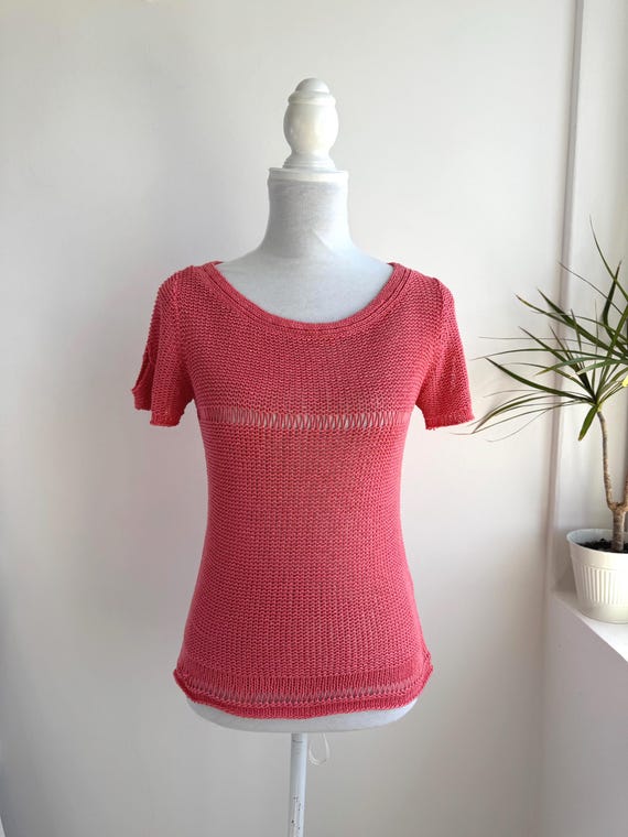 Linen Knit Top Coral Pink Summer Blouse, Cotton Linen Short Sleeve Sweater, Boho Open Work Crochet Top, Salmon Pink Cottagecore Knit Shirt