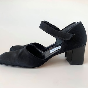 Vintage La Fayette Black Satin Mary Jane Shoes for Women, Closed Square Toe Mules, Chunky Block Heel Ankle Strap Shoes Size EUR 37 1/2
