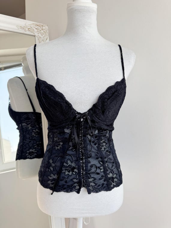 Vintage Intimissimi Black Lace Bustier Top, 90s Y2K Sheer Floral Corset Top, Gothic Romantic Lingerie Cami Top, Lace Up Bodice Crop Top S