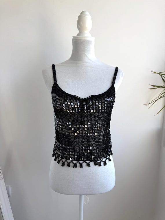 Vintage 90s Crochet Sequin Beaded Camisole Top, Black Beadwork Fringe Knit Cami, Y2K Festival Tank Top, Party Cropped Going Out Top  XS S