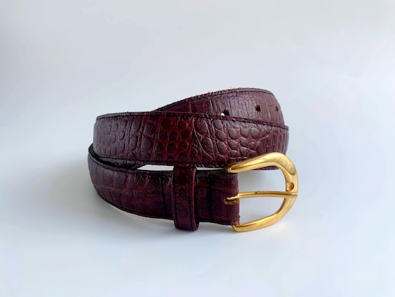 Vintage Burgundy Croc Embossed Leather Belt with Gold Buckle 90s Oxblood Genuine Leather Belt, Classic Maroon Waist Belt for Women 90 cm 35"