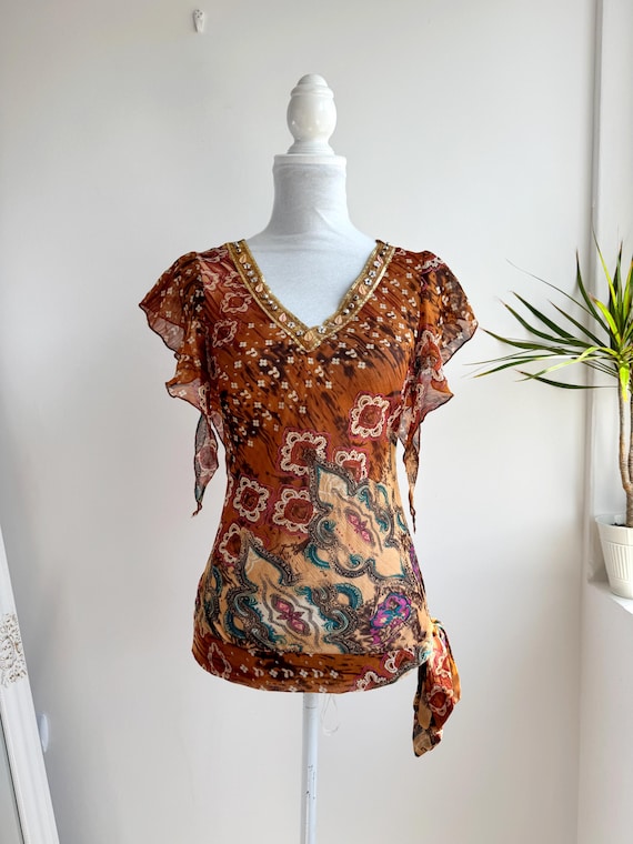 Vintage 100% Silk Boho Blouse Paisley Print Y2K Rhinestone V-Neck Short Ruffle Sleeve Hippie Festival Top Women M/L Burnt Orange Beige Teal