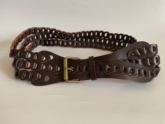 Vintage Braided Leather Belt for Women 95 - 105 cm / 37 - 41", Woven Leather Belt, Brown Link Strap Belt, Wide Waist Belt, Real Leather Belt