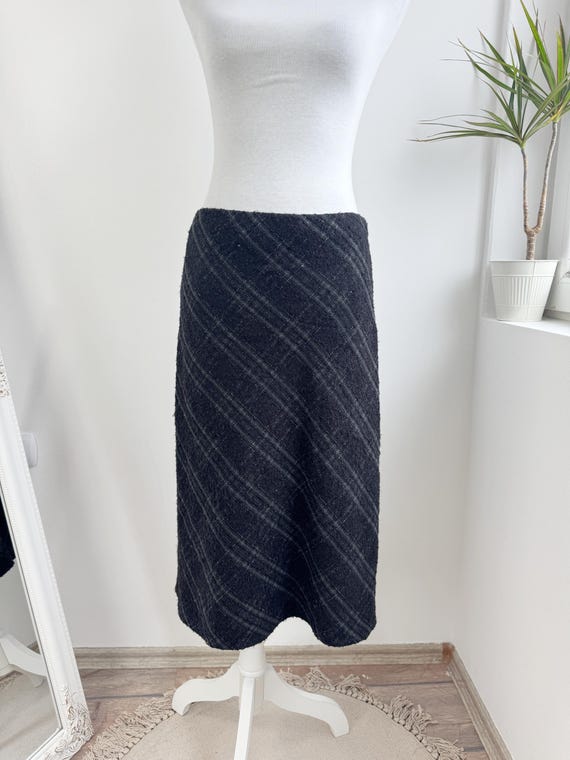 Vintage Wool Cashmere Skirt, Italian Gray Plaid Midi Skirt, High Waist A-Line Winter Skirt, Luxury Knit Lined Skirt, Size 44 M Made in Italy