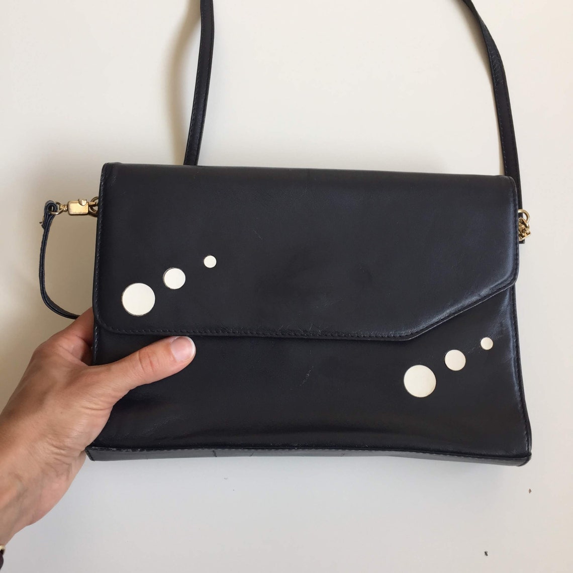 Navy Blue Slim Leather Purse, 80s Clutch Wallet, Genuine Leather Crossbody Bag, Structured Handbag, Shoulder Purse, Vintage Clutch, foto 2 di 5