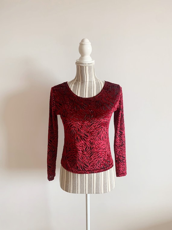 Vintage 90s Burgundy Red Velvet Blouse for Women Size S, Burn Out Velvet Sheer Blouse, Devore See Through Top, Grunge Fishnet Mesh Crop Top