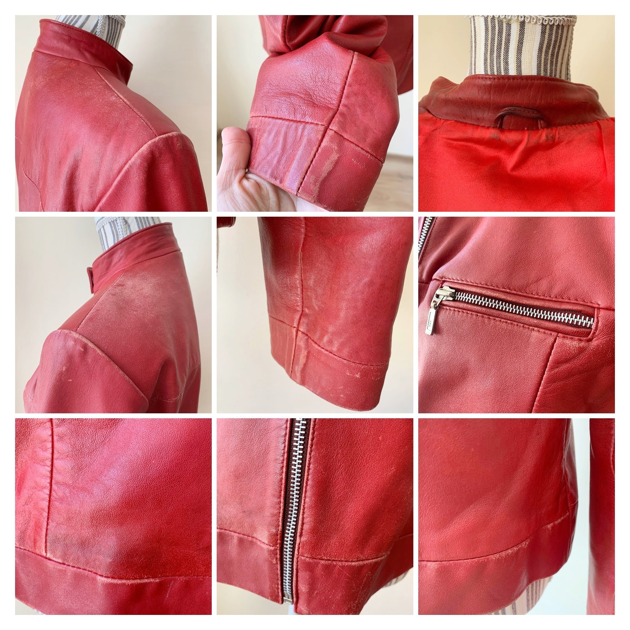 Vintage Red Leather Moto Jacket for Women Size L, Real