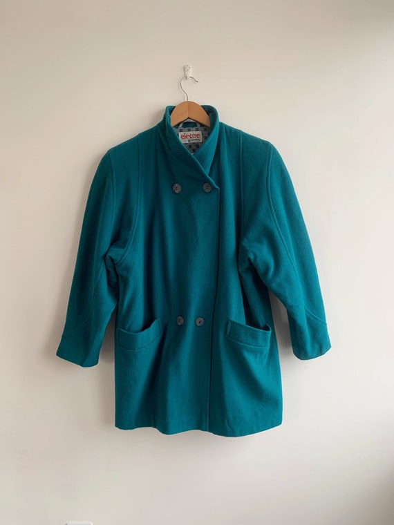 Turquoise Wool Coat Size 36, Fits Like L XL, Vintage Oversized Bulky Jacket for Women, Plus Size High Neck Loose Slouchy Baggy Overcoat