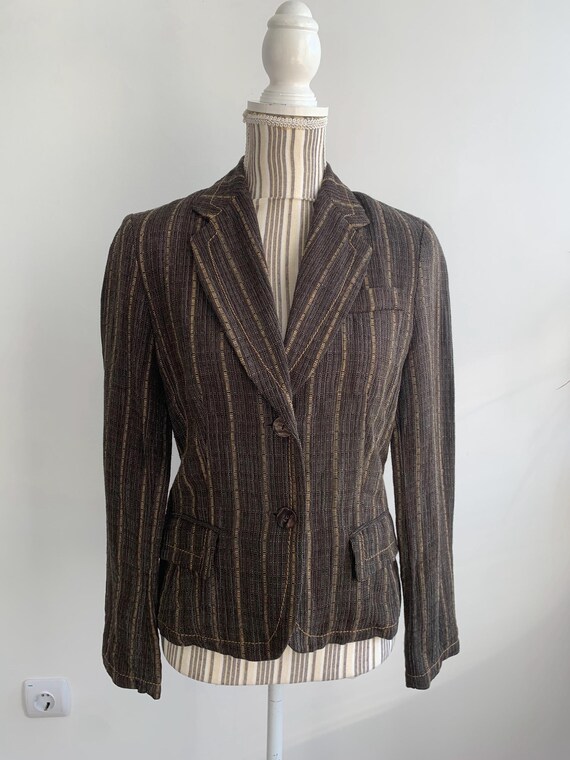 Vintage Taupe Brown Linen Blazer S, Striped Linen Suit Jacket With Pockets, Flax Linen Clothing for Women, 90s Y2K Unlined Light Linen Coat