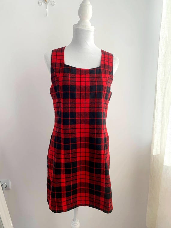 Vintage 90s Red Plaid Mini Dress Size M, Wool Blend Tartan Jumper Dress, Grunge Square Neck Pinafore Dress, Retro Mod Sleeveless Sarafan