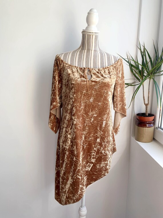French Vintage Crushed Velvet Tunic Size M, Gold Ochre Drawstring Neck Boho Grunge Blouse, Half Sleeve Off The Shoulder Asymmetrical Top