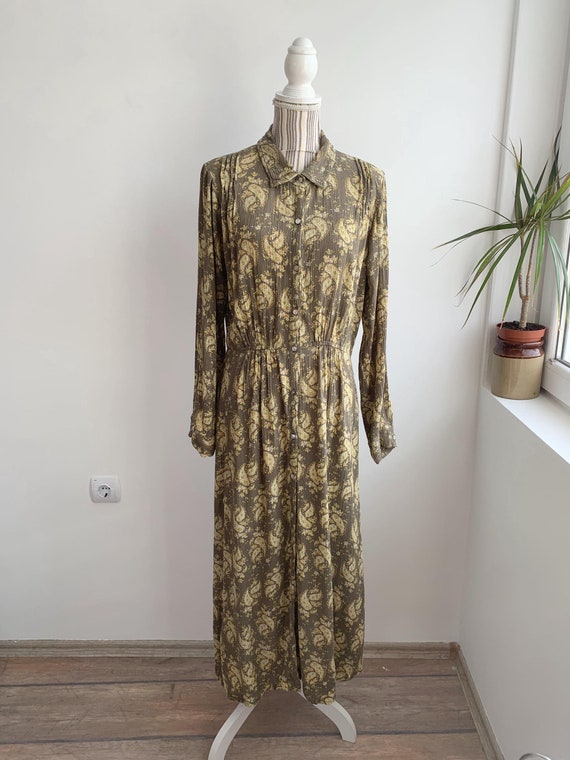 Vintage 90s Maxi Dress Olive Green Floral Button Front, Y2K Collared Long Sleeve Dress Size XL Cottagecore Grunge Shirt Dress Spring Clothes