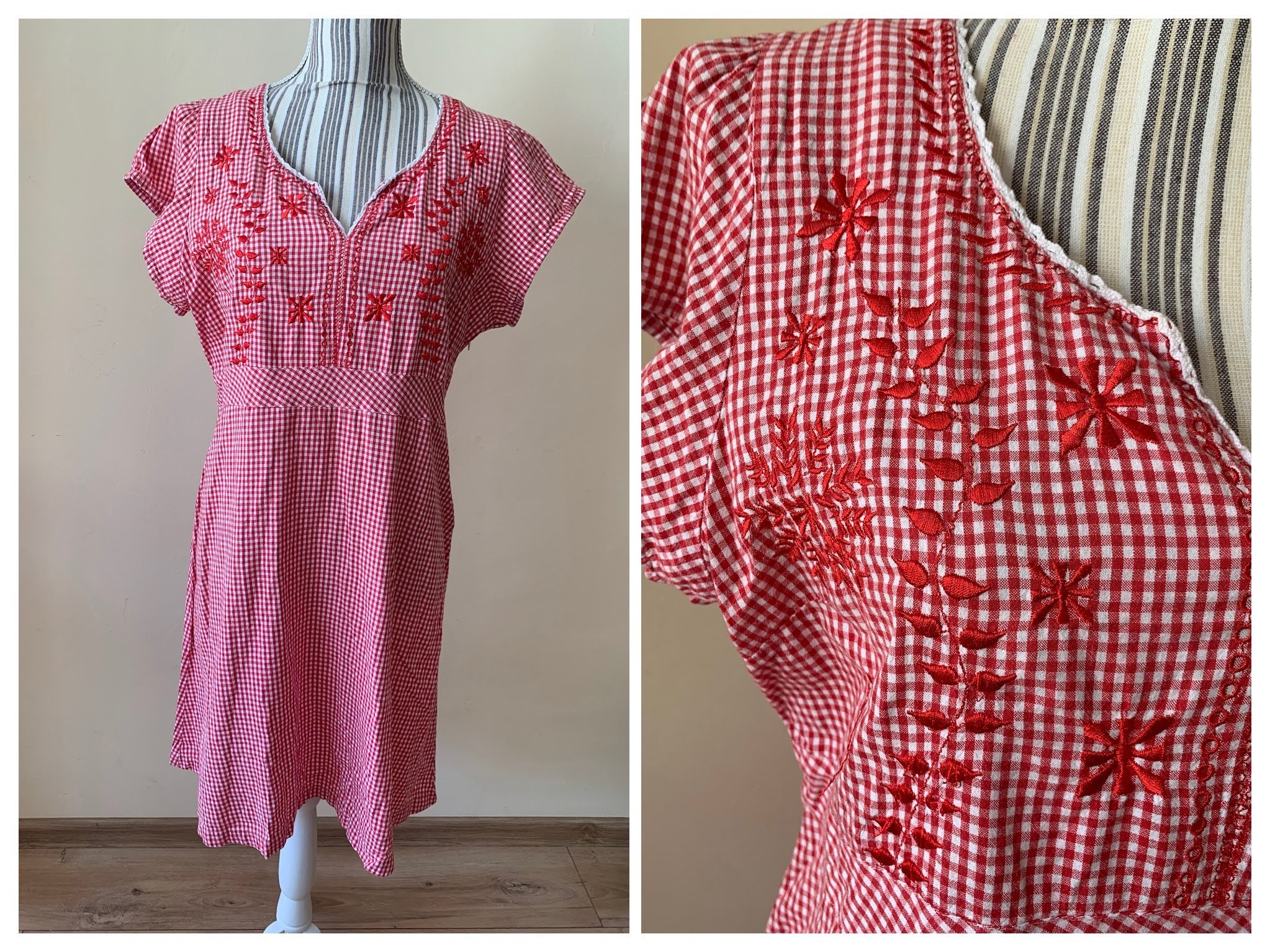 Red Embroidery Short Sleeve Midi Dress V Neck High Waist - Etsy