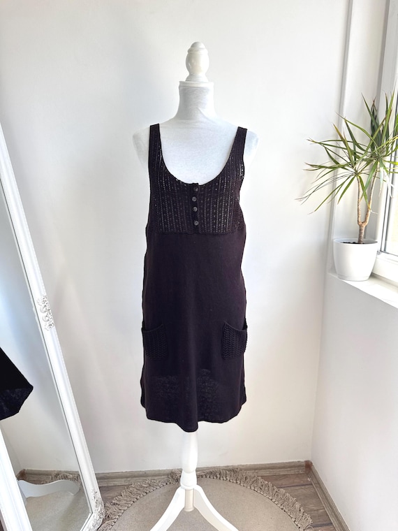 Vintage Y2K Knit Jumper Dress Brown Cotton Ramie Midi Dress Open Knit Tank Bodice Sleeveless Pinafore Casual Sweater Dress with Pockets