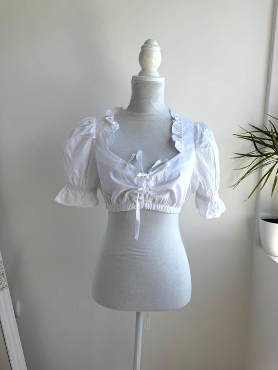 White Dirndl Blouse Vintage Cropped Trachten Bustier Top Milkmaid Cottagecore Short Puff Sleeve Drawstring Ribbon German Crop Folk Shirt S