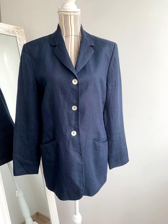 Vintage 90s Laura Ashley 100% Linen Blazer for Women Size L, Navy Blue Spring Summer Linen Jacket, Collared Long Sleeve Light Linen Coat