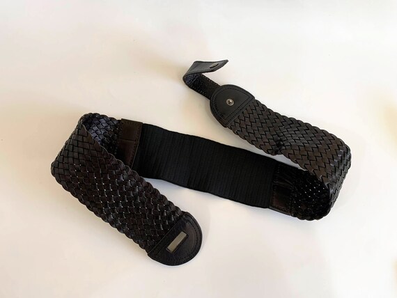 Vintage 90s Elastic Black Cinch Belt, Woven Leath… - image 9