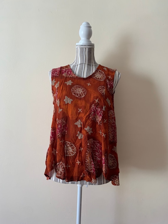 Flowy Summer Sleeveless Top, Vintage 90s Asymmetrical Loose Fit Tank Top, Burnt Orange  Semi Transparent Shirt for Women, Paisley Print Too