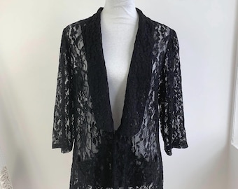 Vintage Black Lace Jacket Size L / XL, 90s Sheer Cardigan, Elegant Open Front Cover Up, Floral Lace Bolero Shrug, Plus Size Women's Apparel