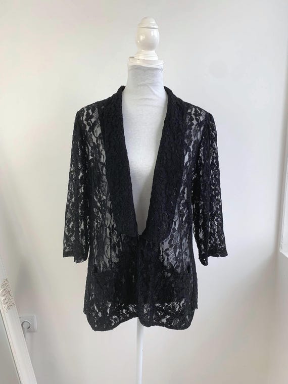 Vintage Black Lace Jacket Size L / XL, 90s Sheer Cardigan, Elegant Open Front Cover Up, Floral Lace Bolero Shrug, Plus Size Women's Apparel