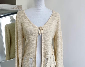 Vintage Distressed Knit Cardigan Sweater, Beige Grunge Wool Blend Shrug, Tie Front Open Knitted Cardigan, Boho Coarse Knitwear Cover Up Top