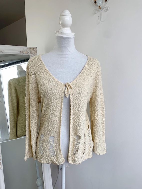 Vintage Distressed Knit Cardigan Sweater, Beige Grunge Wool Blend Shrug, Tie Front Open Knitted Cardigan, Boho Coarse Knitwear Cover Up Top