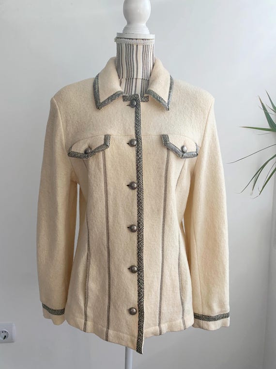 Vintage Cream 100% Wool Blazer for Women Size L, Unlined Felt Wool Collared Cardigan, Short Button Up Coat, Ecru Pure Wool Cropped Jacket